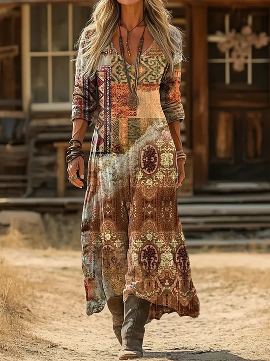 Women's Long Sleeve Spring/Fall As Picture Abstract Printing V Neck Daily Going Out Vintage Maxi H-Line Dress