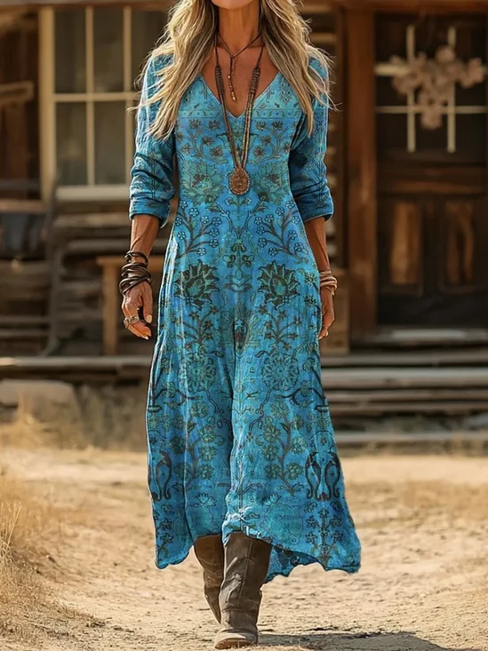 Women's Long Sleeve Spring/Fall Blue Floral Printing V Neck Daily Going Out Vintage Maxi H-Line Dress