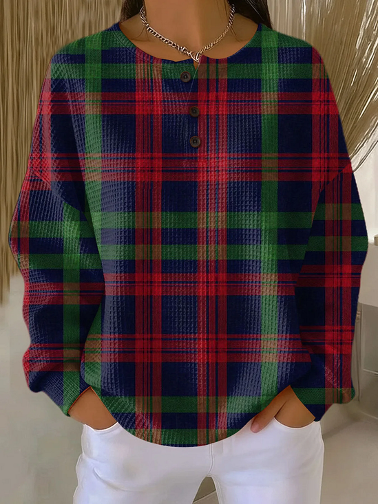Women's Plaid Print Button-Up Casual Waffle Knit Sweatshirt