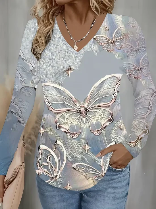 Women's Long Sleeve T-shirt Spring/Fall As Picture Butterfly Printing Jersey V Neck Daily Going Out Casual Top