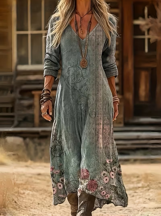Women's Long Sleeve Spring/Fall Green Floral Printing V Neck Daily Going Out Vintage Maxi H-Line Dress