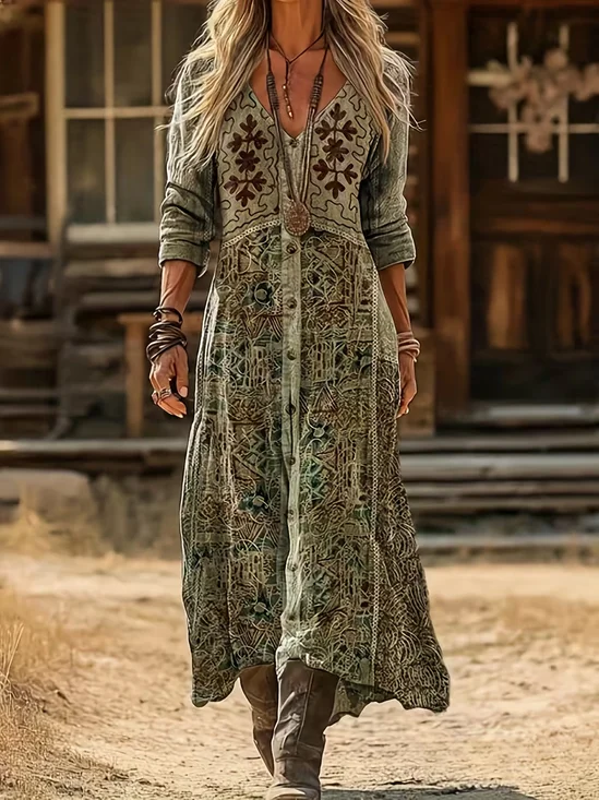 Women's Long Sleeve Spring/Fall As Picture Abstract Printing V Neck Daily Going Out Vintage Maxi H-Line Dress