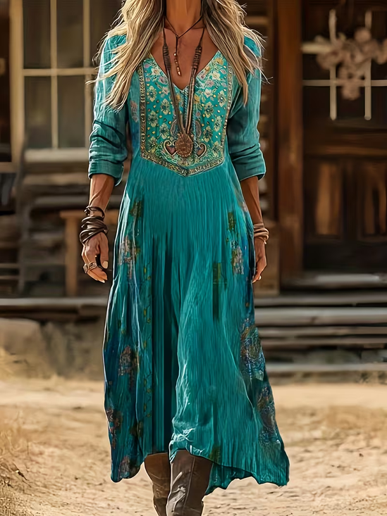 Women's Long Sleeve Spring/Fall Cyan Ethnic Printing V Neck Daily Going Out Vintage Maxi H-Line Dress