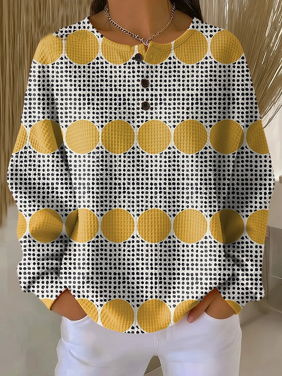 Women's Abstract Print Button-Up Casual Waffle Knit Sweatshirt