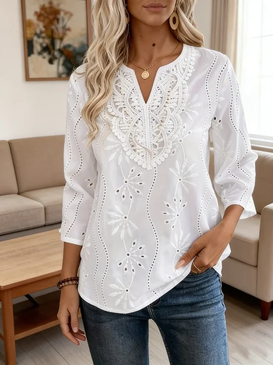 Loose Fit Flared Sleeves V Neck Lace Blouse