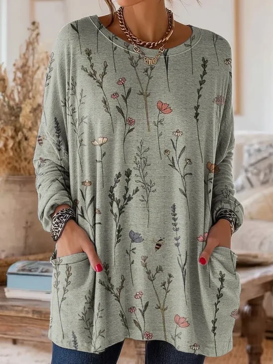 Women's Long Sleeve T-shirt Spring/Fall Green Floral Printing Crew Neck Daily Going Out Vintage Top