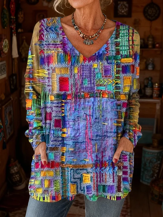 Women's Long Sleeve T-shirt Spring/Fall Purple Abstract Printing V Neck Daily Going Out Casual Top