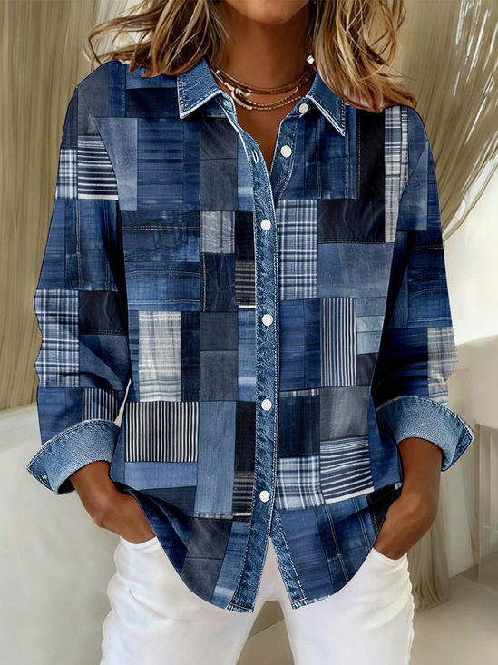 Women's Long Sleeve Shirt Spring/Fall Blue Faux Denim Print Graphic Buckle Shirt Collar Regular Sleeve Daily Going Out Casual Top