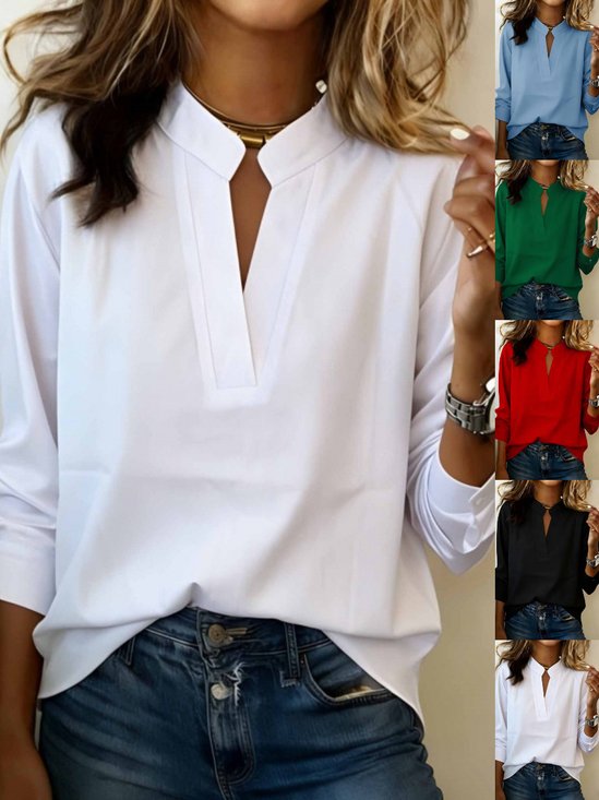 Women's Long Sleeve Shirt Spring/Fall White Plain Split Joint V Neck Daily Going Out Casual Top