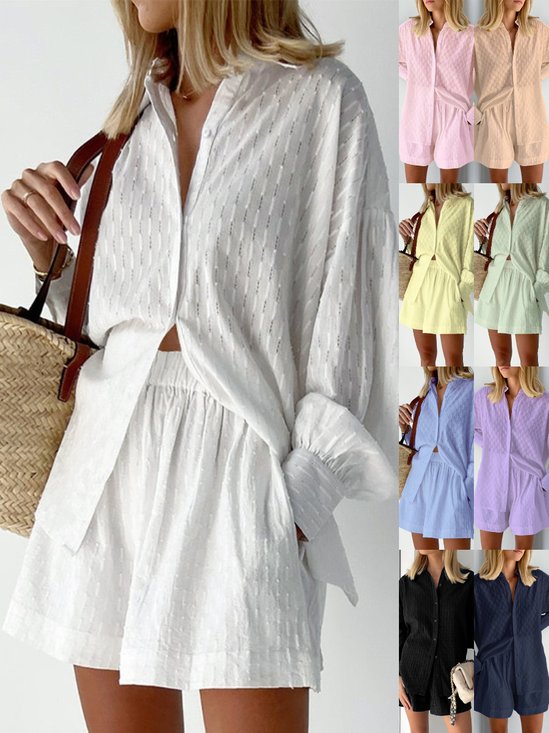 Women's Embossed Plain Daily Going Out Two-Piece Set White Casual Spring/Fall Top With Pants Matching Set