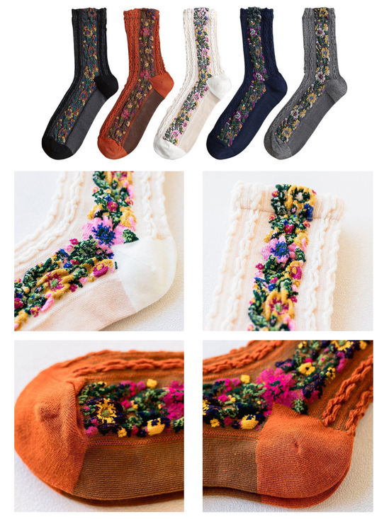 Cable Knit Cotton Women's Socks Retro Style Small Floral Jacquard Mid-calf Socks, Unique Slouch Socks