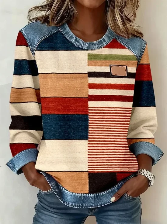Women's Abstract Print Patchwork Denim Crewneck Long-Sleeved Sweatshirt