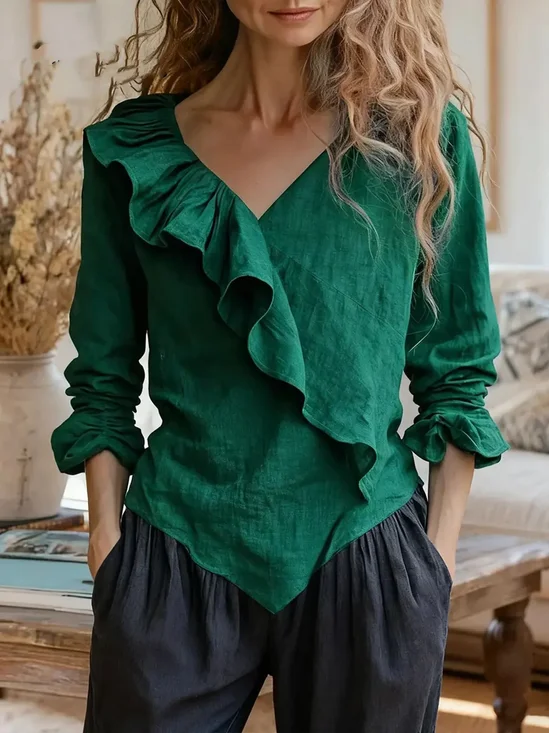 Casual Plain Peplum V Neck Blouse