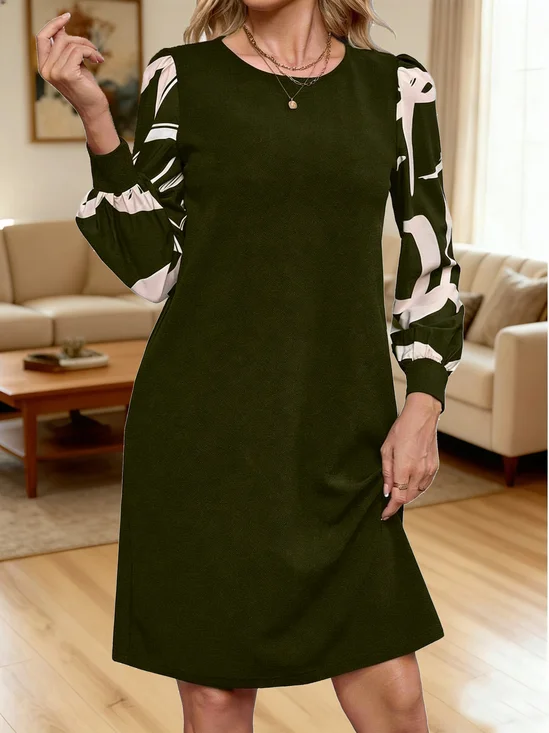 Regular Fit Crew Neck Elegant Color Block Geometric Dress Commuting