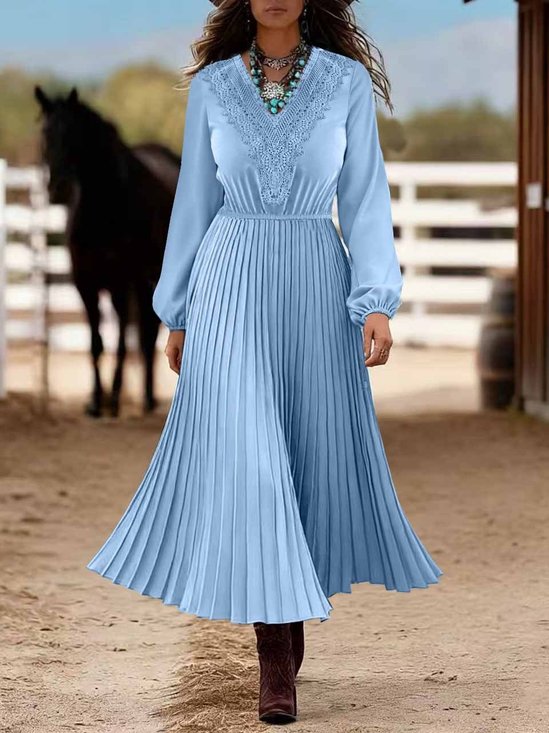 Women's Long Sleeve Spring/Fall Blue Plain Split Joint V Neck Daily Going Out Casual Maxi A-Line Shirt Dress Dress