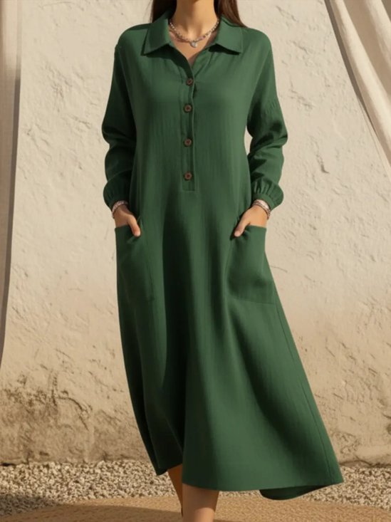 Casual Plain Buttoned Shirt Collar Midi Dress