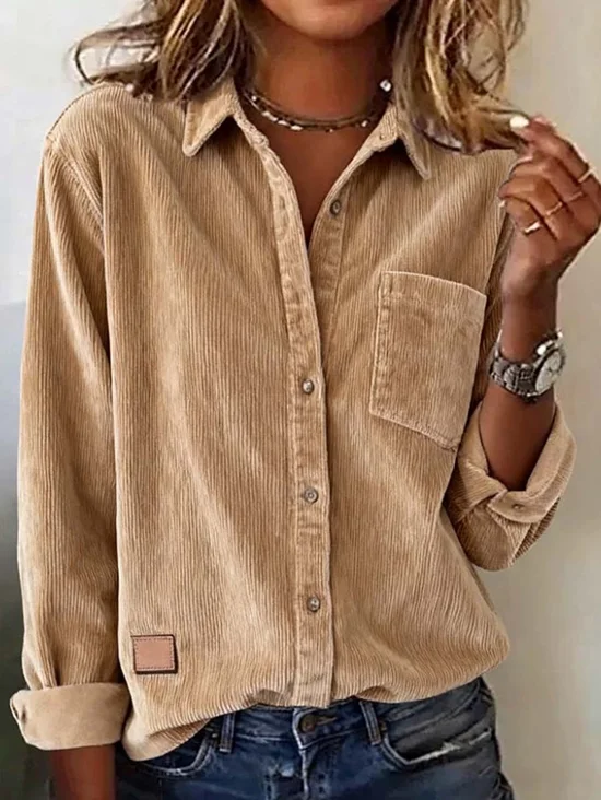 Women's Long Sleeve Shirt Spring/Fall Camel Plain Split Joint Polyester Cotton Shawl Collar Daily Going Out Casual Top