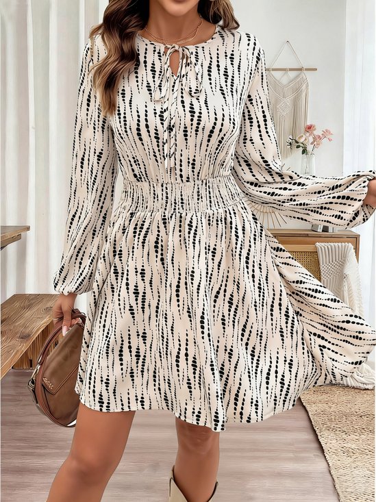 Elegant Polka Dots Crew Neck Long Sleeve Smock  Dress
