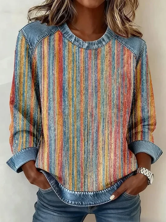 Women's Abstract Stripes Print Patchwork Denim Crewneck Long-Sleeved Sweatshirt
