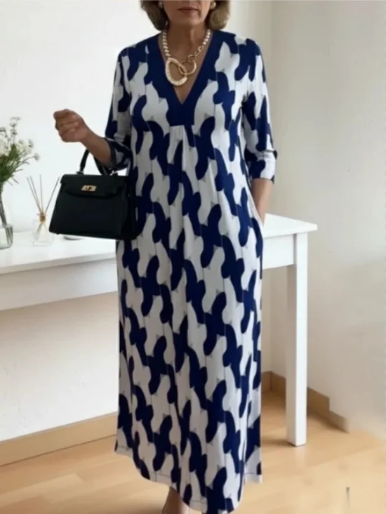 Women's Long Sleeve Spring/Fall Blue Geometric Split Joint V Neck Daily Going Out Vintage Midi A-Line Shirt Dress Dress