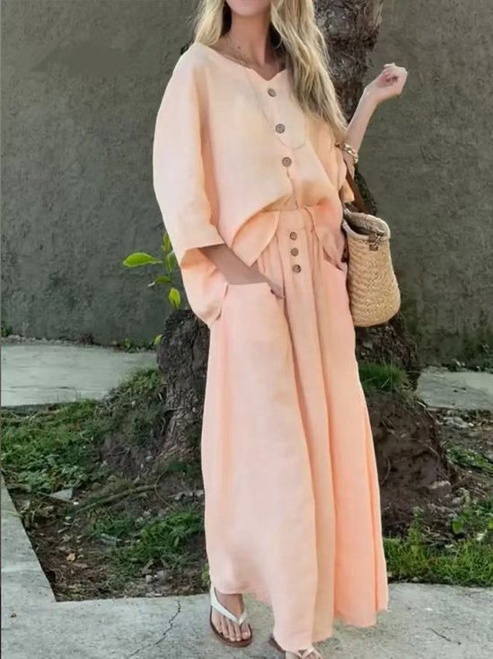 Casual Plain V Neck Two-Piece Set