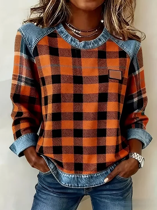 Women's Plaid Print Patchwork Denim Crewneck Long-Sleeved Sweatshirt
