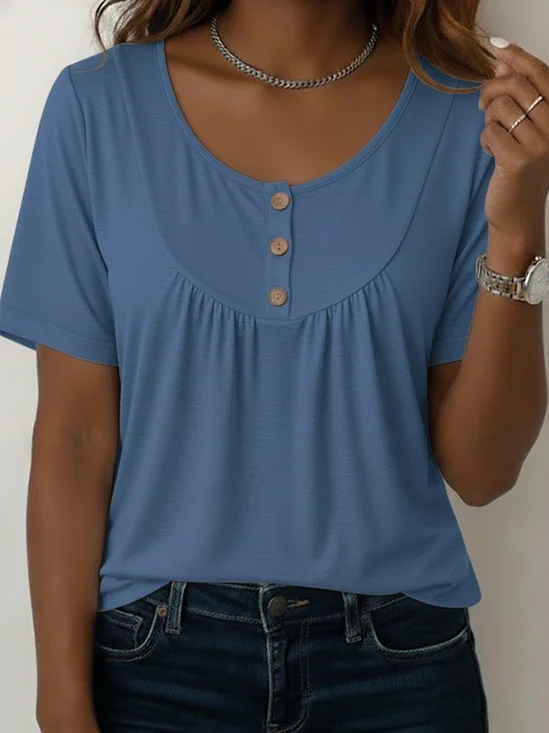 Women's Short Sleeve T-shirt Summer Pink Plain Buckle Crew Neck Daily Going Out Casual Top