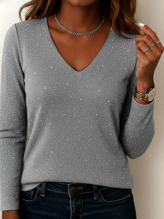Women's Long Sleeve T-shirt Spring/Fall Silver Plain Split Joint Polyester Cotton V Neck Daily Going Out Casual Top