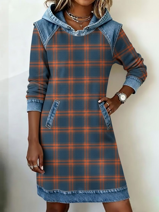 Women's Plaid Print Patchwork Denim Casual Dress