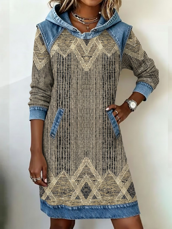 Women's Abstract Print Patchwork Denim Casual Dress