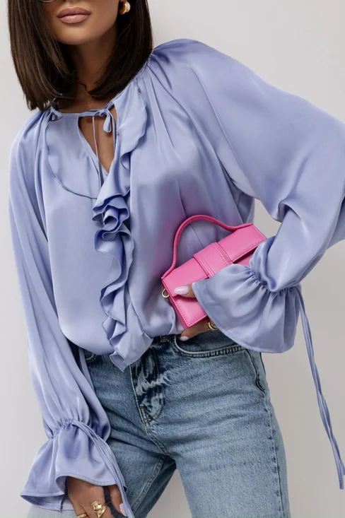 Women's Elegant Ruffled Flared Sleeve V-Neck Lace-up Blouse