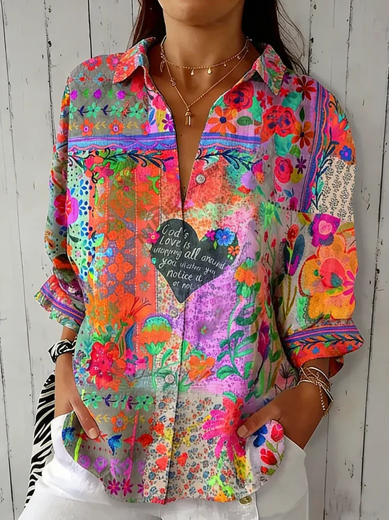 Women's Abstract Floral/Heart Print Casual Shirt