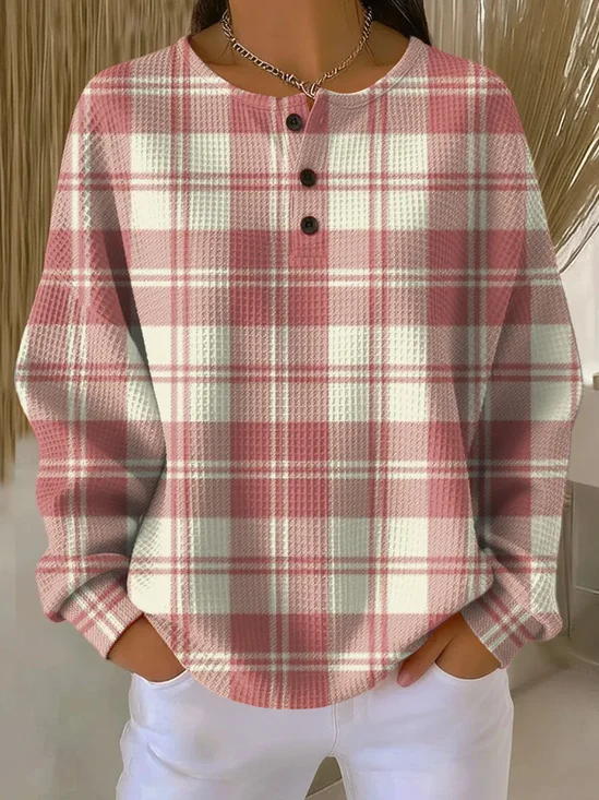 Women's Plaid Print Button-Up Casual Waffle Knit Sweatshirt