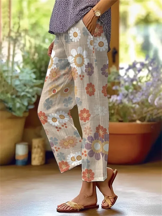 Women's  H-Line Baggy Pants Daily Going Out Pants Light Khaki Casual Printing Floral Spring/Fall Pants