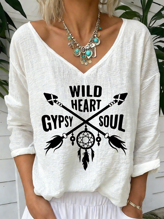 Jersey V Neck Vintage Letter Pattern T-Shirt