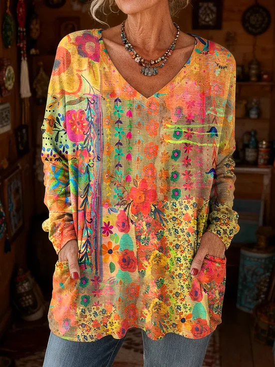 Women's Long Sleeve T-shirt Spring/Fall Yellow Floral Printing V Neck Daily Going Out Vintage Top