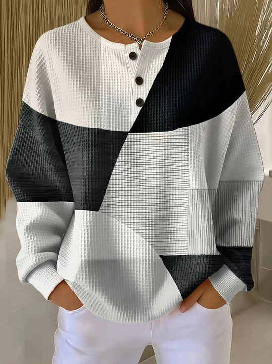 Women's Abstract Print Button-Up Casual Waffle Knit Sweatshirt