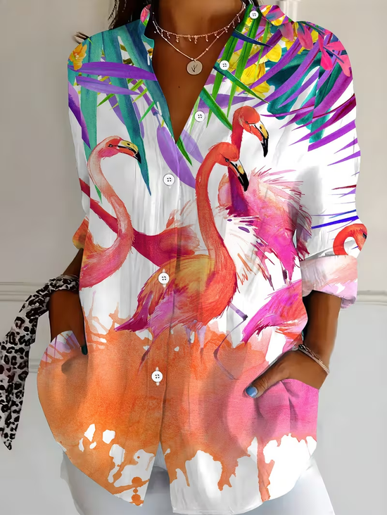 Women's Long Sleeve Shirt Spring/Fall As Picture Flamingo Buckle Shirt Collar Regular Sleeve Daily Going Out Casual Top