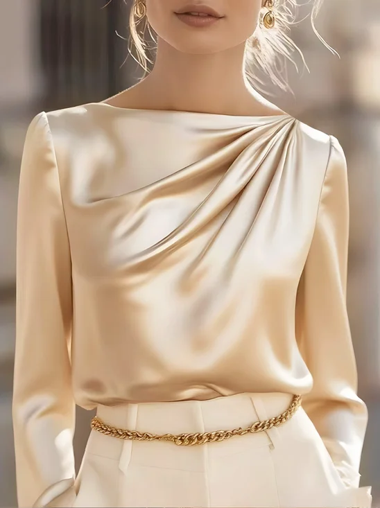Women's Elegant Satin Long Sleeve Wrinkle Boat Neck Shirt