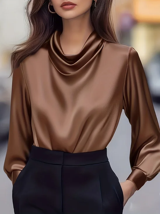 Women's Elegant Satin Long Sleeve Cowl Neck Shirt