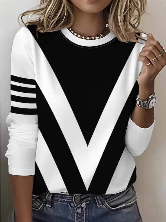 Women's Long Sleeve T-shirt Spring/Fall Black-white Abstract Printing Jersey Crew Neck Daily Going Out Casual Top
