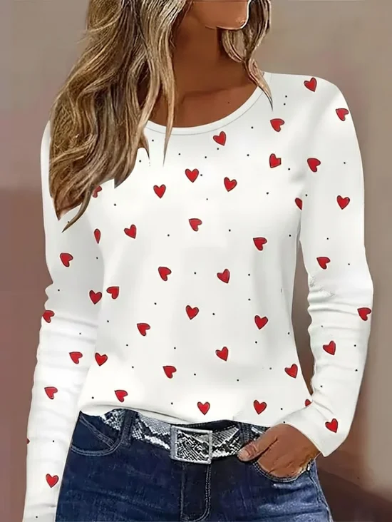 Women's Long Sleeve T-shirt Spring/Fall White Heart/Cordate Printing Jersey Crew Neck Daily Going Out Casual Top