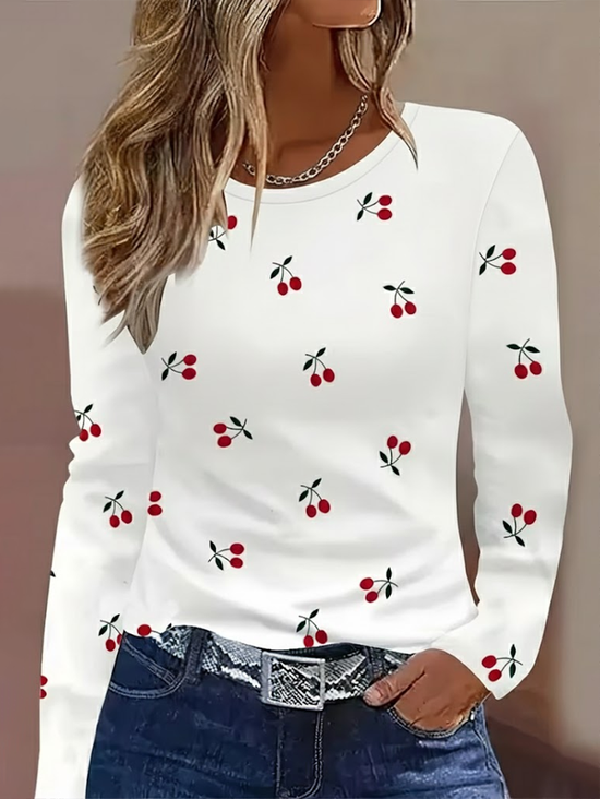 Women's Long Sleeve T-shirt Spring/Fall White Fruit Printing Jersey Crew Neck Daily Going Out Casual Top