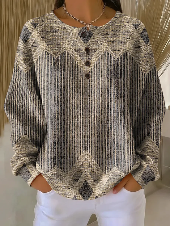 Women's Abstract Print Button-Up Casual Waffle Knit Sweatshirt