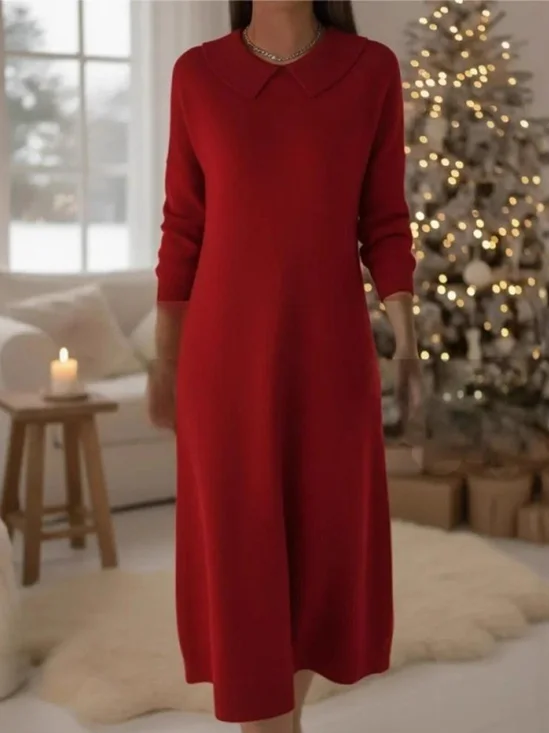 Women's Elegant Plain Shawl Collar Wool/Knitting Sweater Maxi Dress