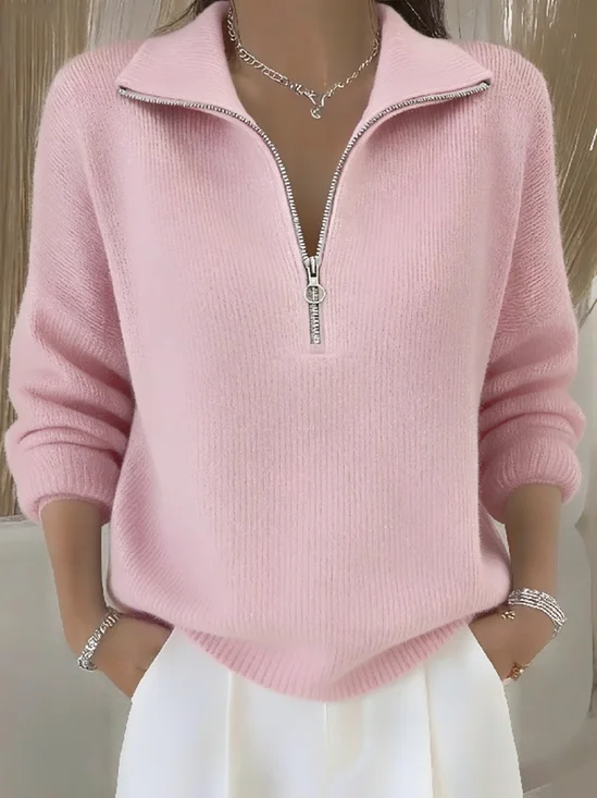 Women's Plain Elegant Yarn/Wool Shawl Collar Zipper Sweater