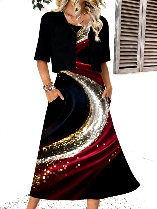 Chevron Elegant Crew Neck Two-Piece Set