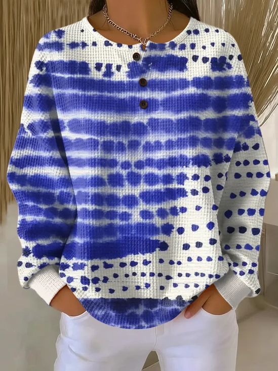 Women's Abstract Print Button-Up Casual Waffle Knit Sweatshirt