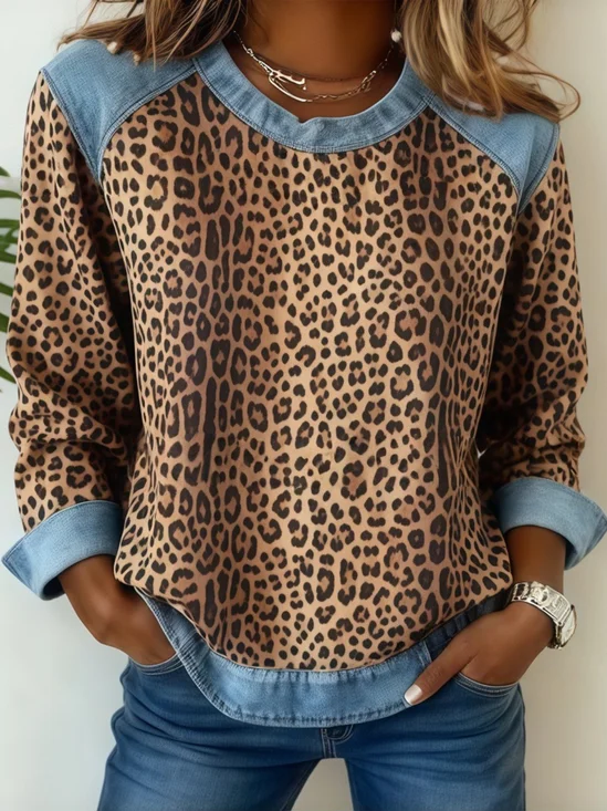 Leopard Color Block Crew Neck Long Sleeve Casual Sweatshirt
