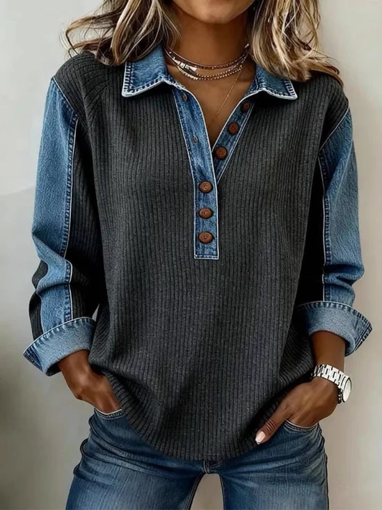 Washed Denim Color Block  Ribbing Shawl Collar Long Sleeve Casual Sweatshirt